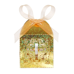 Glittery gold hollow favor box with cross design and ribbon for wedding candy packaging
