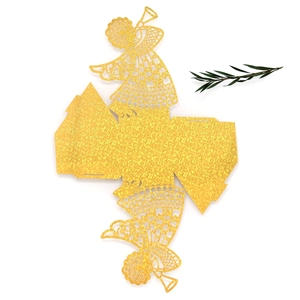 Detailed macro view of laser-cut glitter gold gift box with angel design template