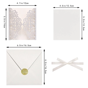 Silver glitter laser-cut invitation set with dimensions for shell card and envelope