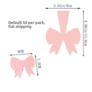 Flat-packed pink 3D bowknot place cards with dimensions and 50 pcs pack details