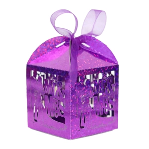 Purple glitter candy box with Mr & Mrs laser cut design and satin ribbon for weddings