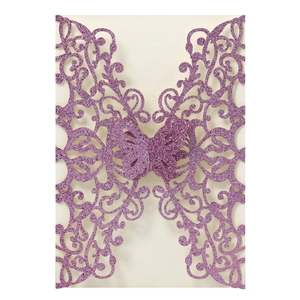 Detailed laser-cut lavender purple glitter invitation with intricate butterfly motif