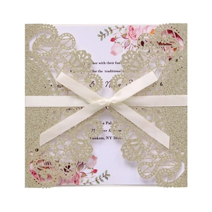 Champagne gold glitter lace wedding invitation with ivory silk ribbon and floral insert