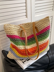 Rainbow striped woven straw tote bag with brown PU leather handles for beach vacation