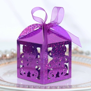 Purple glitter candy box with bear cut-out and satin ribbon for baby birthday parties