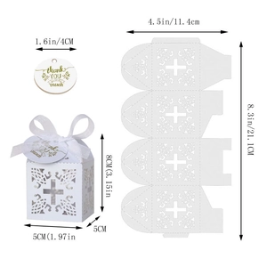 Laser cut white cross favor box dimensions with thank you tag and satin ribbon details