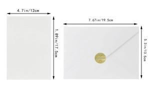 Detailed size specifications for laser cut wedding invitations with white envelopes