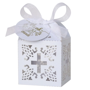 Elegant Laser Cut Cross Artificial Pearl Paper Candy Box With Ribbon And Thank You Tag For Wedding Party Christening Favors