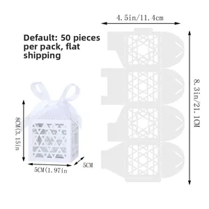 Detailed size specifications for white laser-cut Hanukkah favor boxes with ribbons