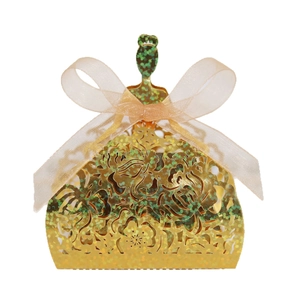 Glittery gold princess dress favor box with laser-cut rose patterns and silk bow