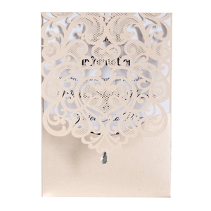 Elegant laser cut champagne gold invitation card with intricate lace and crystal drop