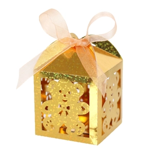 Golden glitter hollow bear gift box with pink silk ribbon for baby birthday parties