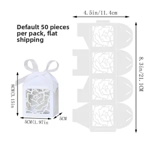Detailed dimensions of laser-cut rose wedding candy box with ribbon and 50pcs per pack