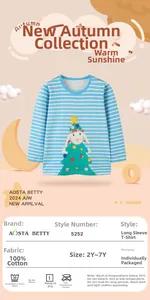 Detail of 100% cotton long-sleeved shirt with cute Christmas rabbit print and blue stripes