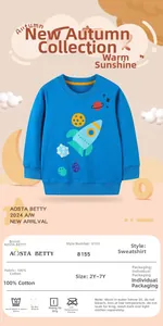 Detail of blue cotton sweatshirt showing ribbed neckline and cartoon rocket print
