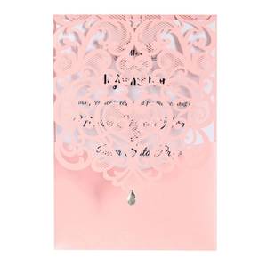 Laser-cut pink lace wedding invitation card with elegant floral hollow patterns and teardrop gem