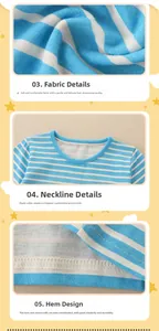 Detail view of blue and white striped cotton knit sweater showing neckline and fabric texture