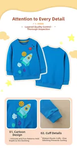 Detail view of blue kids sweatshirt with cartoon space print and ribbed elastic cuffs