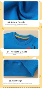Close-up of blue cotton sweater fabric showing ribbed crewneck and starry ladybug print