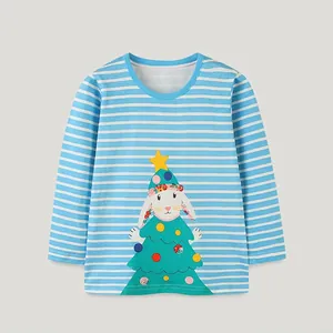 Kids Christmas Rabbit Print Long Sleeve T-Shirt Striped Cotton Casual Round Neck Pullover Top For Boys Girls Fall Clothes