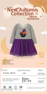 Detail of Halloween cat embroidery and layered purple tulle mesh on girls' knit dress