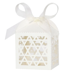 Close-up of laser-cut hexagonal star patterns on white pearlescent gift candy box