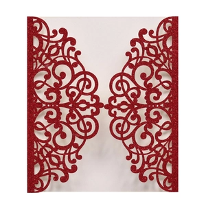 Red laser cut gate-fold invitation with glitter texture for weddings and festivals