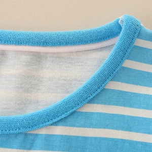 Close-up of crew neck detail on kids blue and white striped cotton long sleeve T-shirt