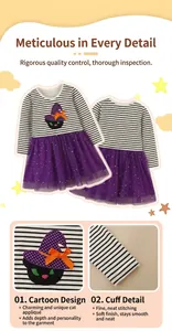 Détail de robe Halloween fille avec broderie chat noir et jupe en tulle à paillettes violettes