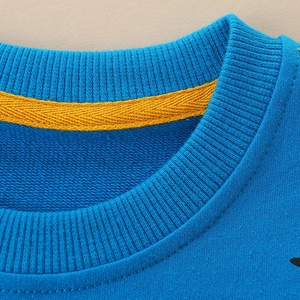 Children's blue crewneck sweatshirt with ribbed collar and yellow interior piping