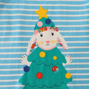 Kids long sleeve striped T-shirt featuring a cute Christmas bunny with holiday tree hat
