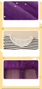 Detail of glitter mesh fabric, striped crew neck and layered hem of the girl's dress
