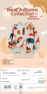Detailed chart showing 100% cotton material and animal print specs for kids sweatshirt