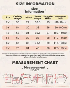 Detailed size chart for striped tulle dress with measurements from age 2 to 7 years