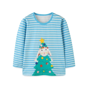 Kids long sleeve striped Christmas t-shirt with cute bunny and holiday tree print