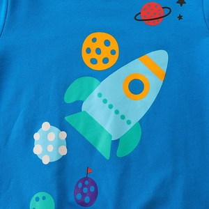 Royal blue children's sweatshirt featuring a cartoon rocket and colorful planets print