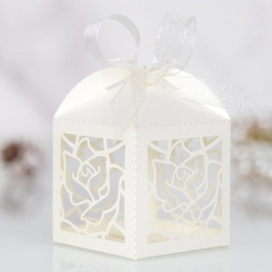 Macro view of laser-cut rose patterns on elegant white wedding favor box with silk ribbon