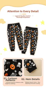 Detail view of kids Halloween jogger pants featuring spooky prints and ribbed elastic cuffs