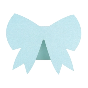 Macro detail of a light blue glitter 3D bow wedding name card with a sparkling finish