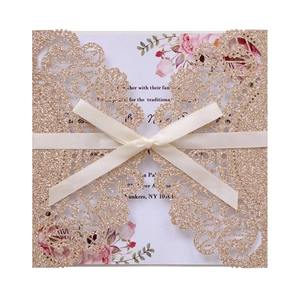 Lace hollow laser cut champagne gold glitter wedding invitation set with floral inner card