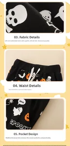 Detail view of Halloween jogger pants featuring pumpkin prints and elastic waistband with drawstring
