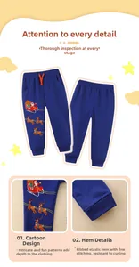 Détails de pantalon de Noël bleu en coton avec taille élastique et bords-côtes