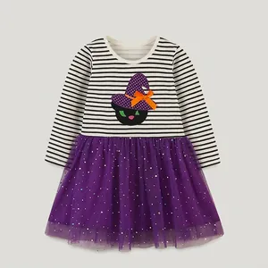 Halloween Girls Long Sleeve Dress Black White Striped Top Purple Mesh Tulle Skirt With Cat Embroidery Sequin Party Dress