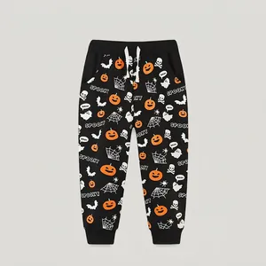 Halloween Kids Cotton Jogger Pants Spooky Pumpkin Ghost Printed Elastic Drawstring Waist Sweatpants Casual Sporty Trousers