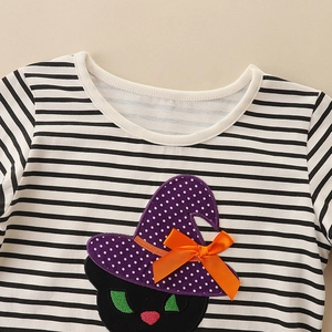 Girls' Halloween dress with black and white stripes and a cat in a wizard hat embroidery