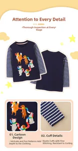 Detail van kinder-t-shirt met lange mouwen, dierenprints en gestreepte mouwen