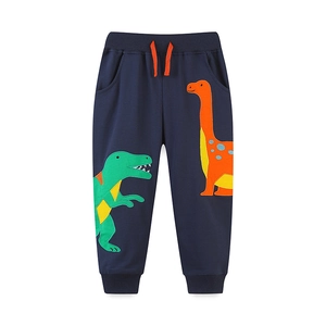 Boys navy knit joggers with cartoon dinosaur embroidery and red drawstring waist