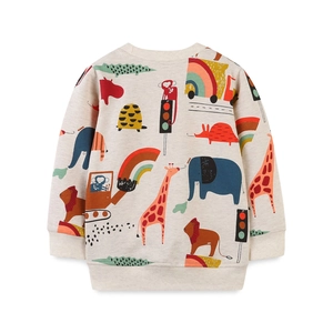 Kids cream crewneck sweatshirt with colorful cartoon animal and vehicle prints