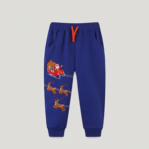 Pantalon de Jogging Brodés Père Noël et Renne pour Garçons Pantalon de Sport en Coton Bleu Doux et Chaud Enfant
