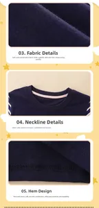 Detail van donkerblauw katoenen kinder-shirt met halsafwerking en dubbelnaalds gezoomde rand